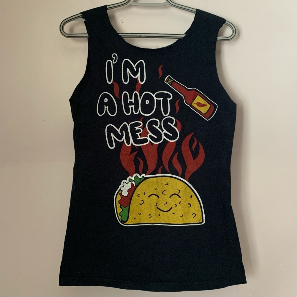 Blue “I’m a Hot Mess” Taco Graphic Cut-Off Tank Top
